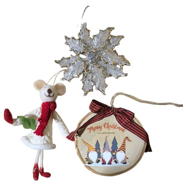 72 Pcs Assorted Ornament: Mice, Wooden Disc, 4.5" Silver Snowflake  (Christmas Forever - XM-KE1407/X