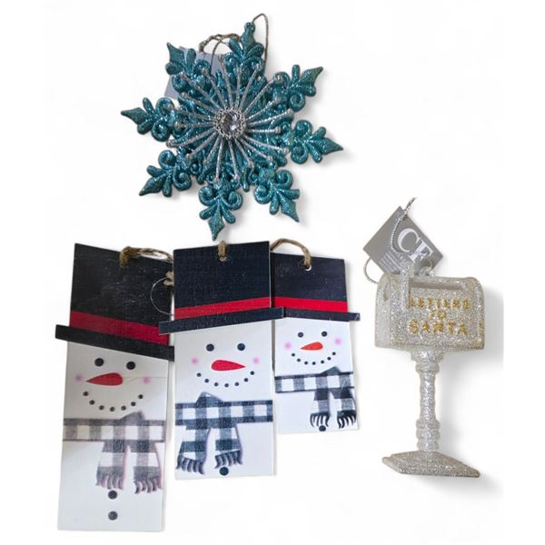 96 Pcs Assorted Ornament Includes "Letter to Santa", Blue 5" Snowflake, Wooden Snowman 6.6" (Christm