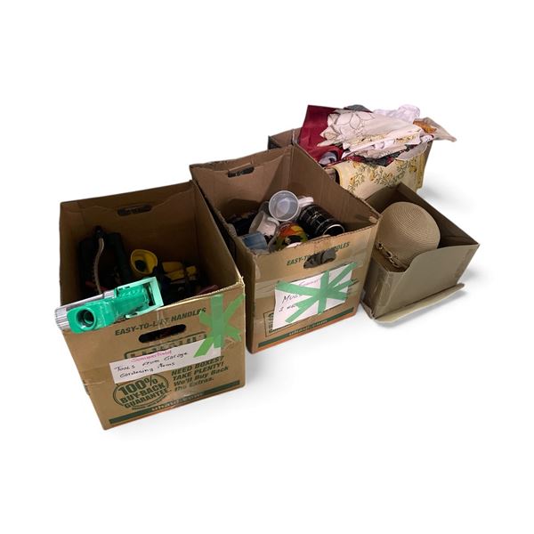 4 Boxes Mixed Household Items and Tools: Mugs, Tools, Linens, Hats and More