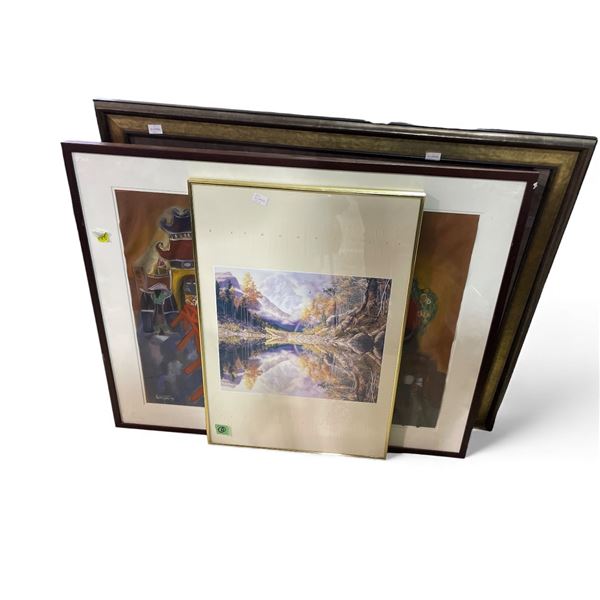 3 Framed Artworks: Abstract Village Scene and Landscape Themes