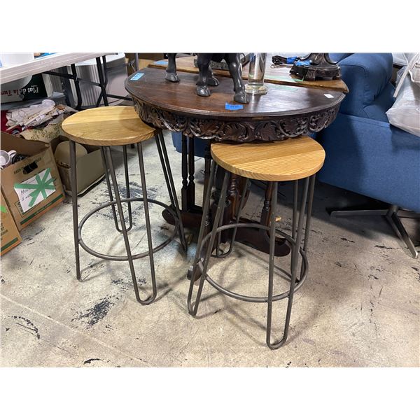 2 Carved Wooden Half-Moon Console Tables with 2 Stools