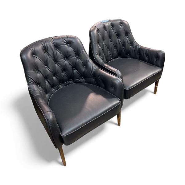 Pair of Black Button-Tufted Leather Club Chairs