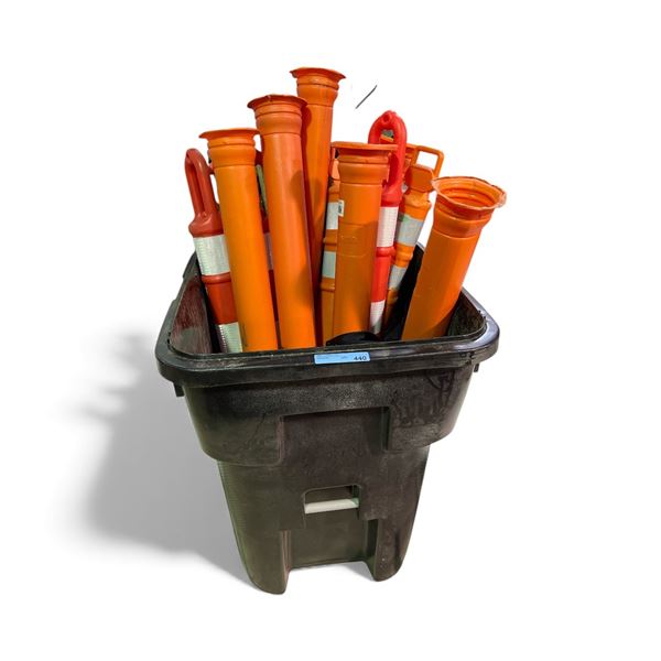Group of 2 Wheeled Garbage Cans w/ Misc. Tools & approx. 12 Traffic Grab Delineator Posts