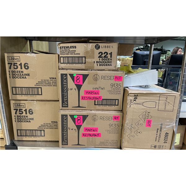 Movie Set Dec Large Group of NEW Glasses - includes 5 1/2 Cocktail Glasses/ 12 1/2 Wine Glasses/ Cab