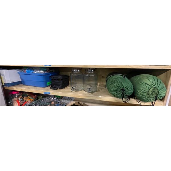 Shelf Lot of Movie Set Dec Items - includes 2 Green Sleeping Bags/ Glass Beverage Dispensers, Misc. 