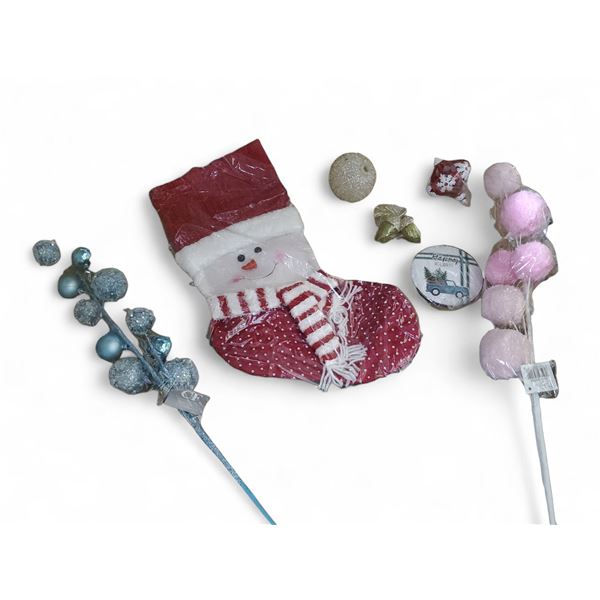 2 Shelves of Misc Ornaments & Decor: Mixed Ball Gutter, Stocking, Happy Holidays Metal Disc, and Mor