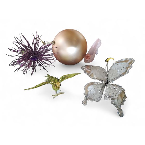 Shelf of Mixed Ornaments & Decor: Bird, Butterfly, and Ball Ornaments (Christmas Forever - Various M