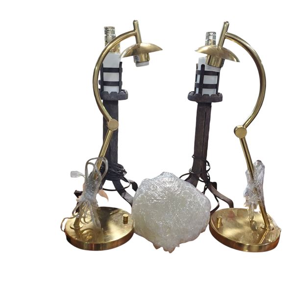 Group of 2 Set Table Top Lamps - includes Pair of Medieval-Style Metal Lamps & Brass-Colored Glass L