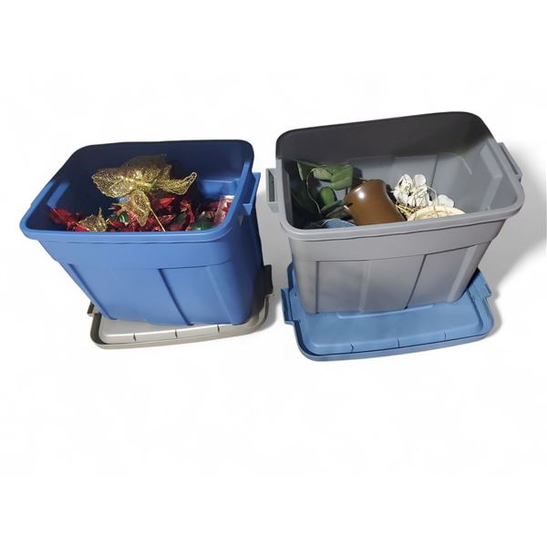 Group of 7 Totes full of Christmas Decor - includes Floating Candles/ Poinsettia Tree Ornaments/Misc