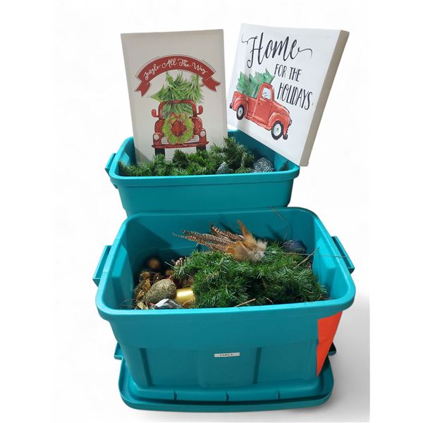 NEW Group of 2 Bins of Christmas Decor - includes Frames Arts & Assorted Christmas Ornaments