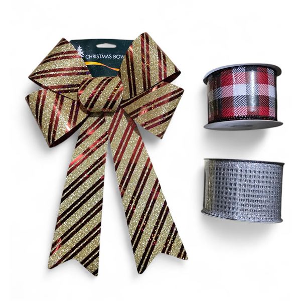 NEW Christmas Deco & Gift Supplies - includes Red & Gold Glitter Bows & 24 Assorted Wrapping Rubans