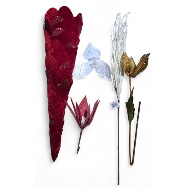 NEW Christmas Deco - includes Assorted Decorative Glitter Leaves, Ornaments & 27" Red Cone Trees