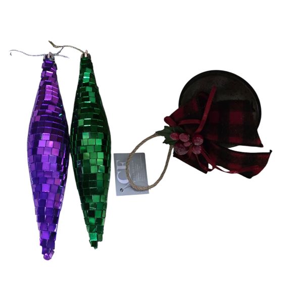 NEW Christmas Tree Ornaments - Glitter Green Flower Clips, 3.5" Plaid Bows (3 Boxes), Glass Drops Tr