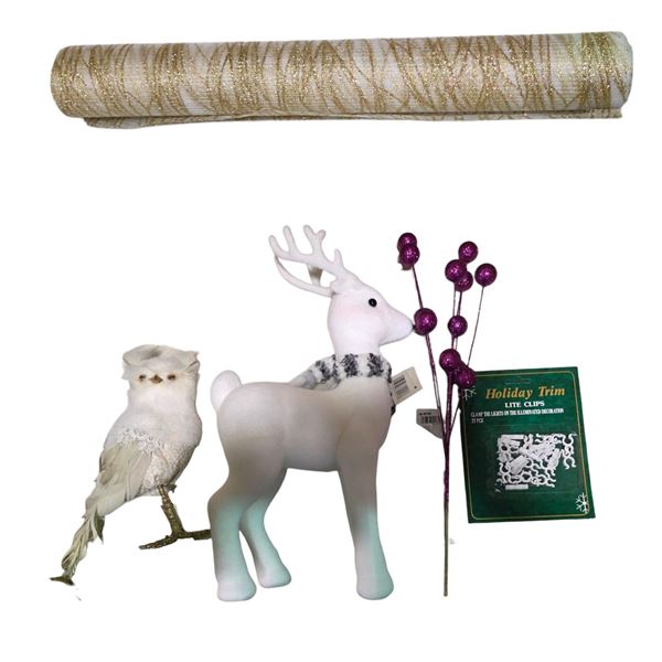 NEW Christmas Assorted Deco & Ornaments - includes Golden Ivory Mesh Ribbons (4 boxes)/ 8 Boxes Glit