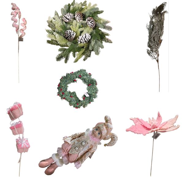 NEW CHristmas Assorted Pink Deco - includes 2 Standing 18" Pink Dolls/Fabrics Fur 31" Candies & Gift