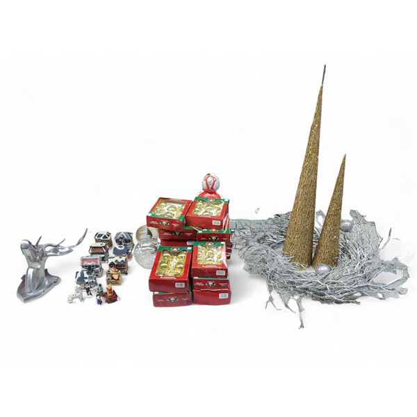 Group of Christmas Deco - includes NEW Vintage Gold Glass Ornaments (Approx. 12 Boxes of 12 pcs), Ch