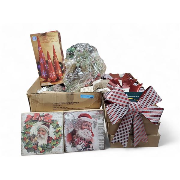 Group of Christmas Deco - includes 2 NEW Boxes of Glitter Bows, Framed Art, Red Tree Cones & More