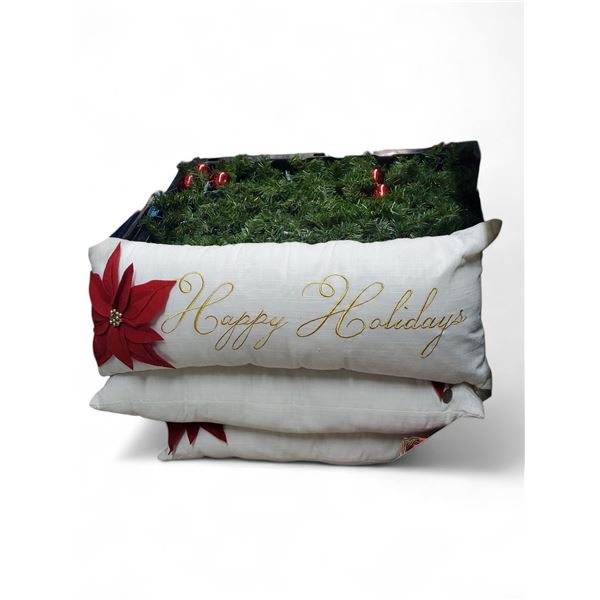 Bin of Christmas Deco includes Artificial Tree Parts with Lights & Pair of Decorative White Cushions
