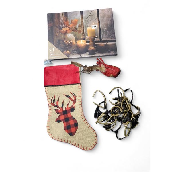 NEW Christmas Deco - includes 2 Boxes of Light Brown and Red Socking (24 pcs), Art Framed & Bird Fea