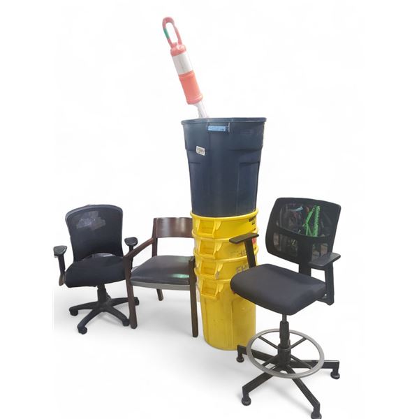 Group of 3 Misc. Chairs & 5 Trash Cans