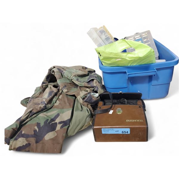 Group Fishing lot - includes Bushnell Binoculars w/ Case/ Military Pant & Jacket/Bin of Fishing Acce