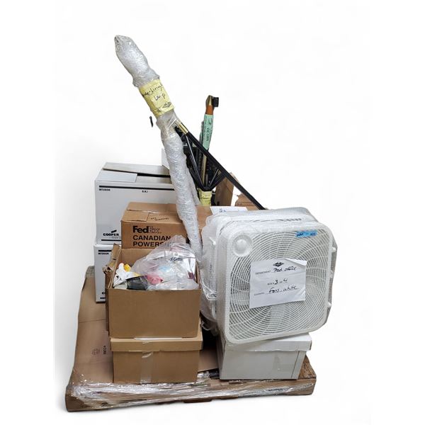 Pallet of Misc Movie Set Items Includes 2 Box Fans, Floor Lamp, and More