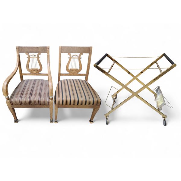 Pair of Wooden Accent Chairs and Tray Table on Casters