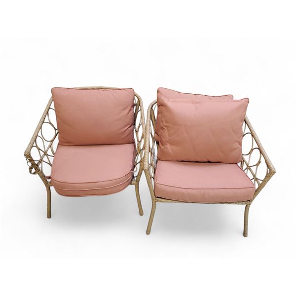 Pair of Rattan Accent Chairs with Pink Cushions