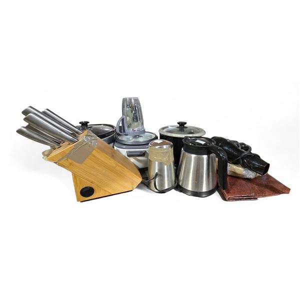 Shelf Content of Kitchenware -  includes Knives Set, Kettles, Pots & More
