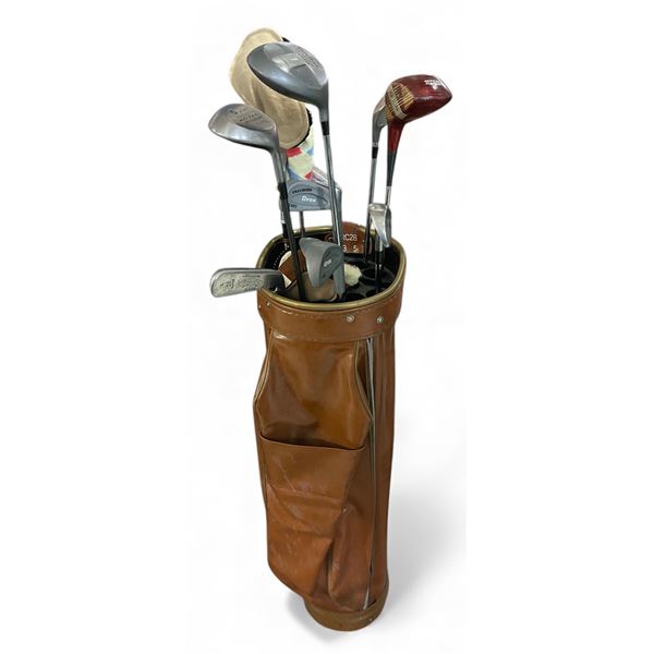 Vintage Brown Leather Golf Bag with Assorted Clubs