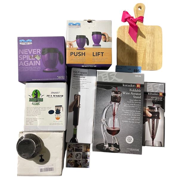 Group of 8 Kitchen & Beverage Accessories Includes  Automatic Wine Opener, Wine Aerator, and More