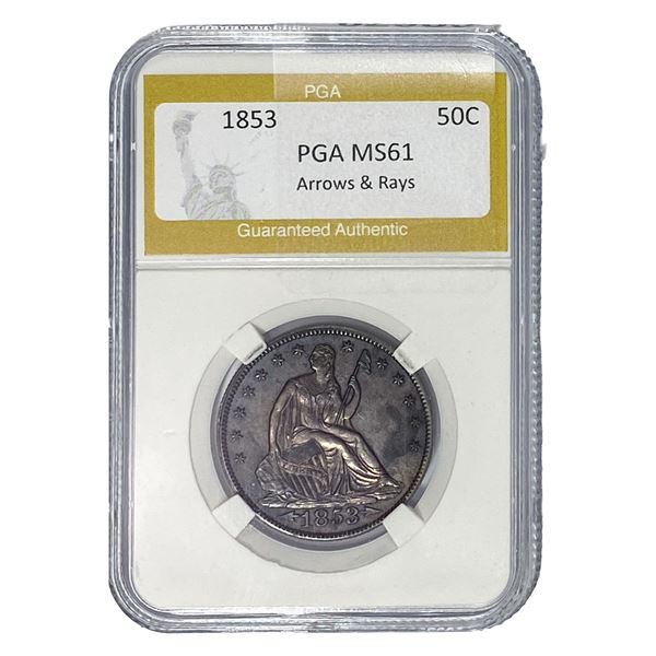 1853 Seated Liberty Half Dollar PGA MS61 Arrows & Rays