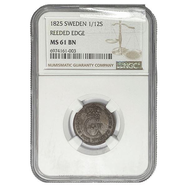 1825 Sweden 1/12 Skilling Reeded Edge NGC MS61 BN