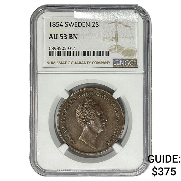 1854 Sweden 2 Skilling NGC AU53 BRN