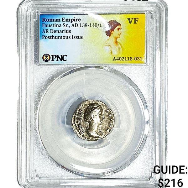 Roman Faustina Sr.,AD 138-140/1 AR Denarius PNC VF