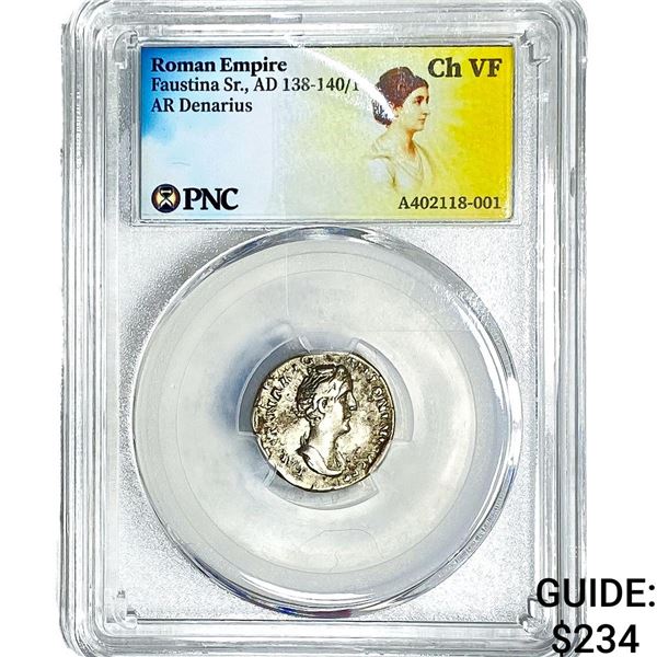 Roman Faustina Sr.,AD 138-140/1 AR Denarius PNC ChVF