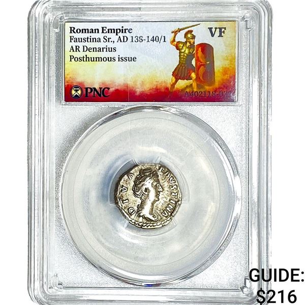 Roman Faustina Sr.,AD 138-140/1 AR Denarius PNC VF