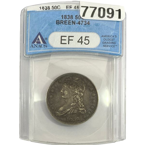 1838 Capped Bust Half Dollar ANACS EF45 Breen-4734