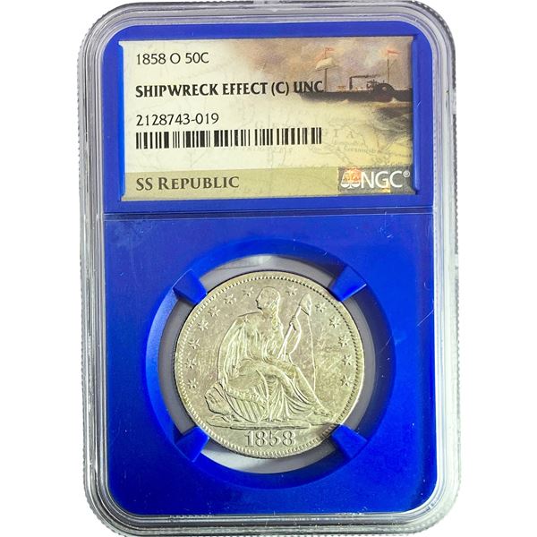 1858-O Seated Liberty Half Dollar NGC Shipwreck UNC