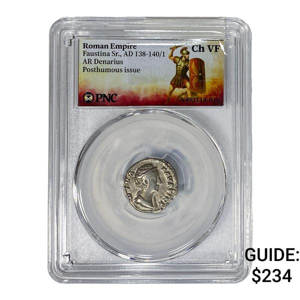 Roman Faustina Sr.,AD 138-140/1 AR Denarius PNC ChVF