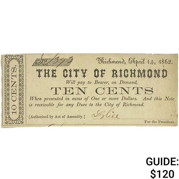 1862 10C City of Richomond Fractional Currency
