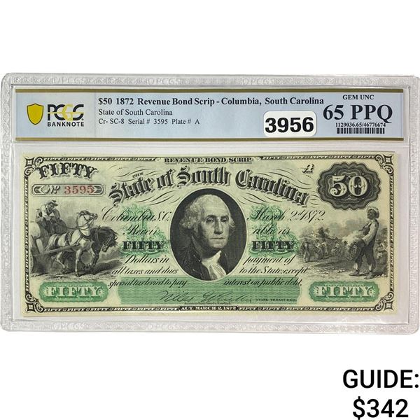 1872 $50 Revenue Bond Scrip-Columbia, SC PCGS