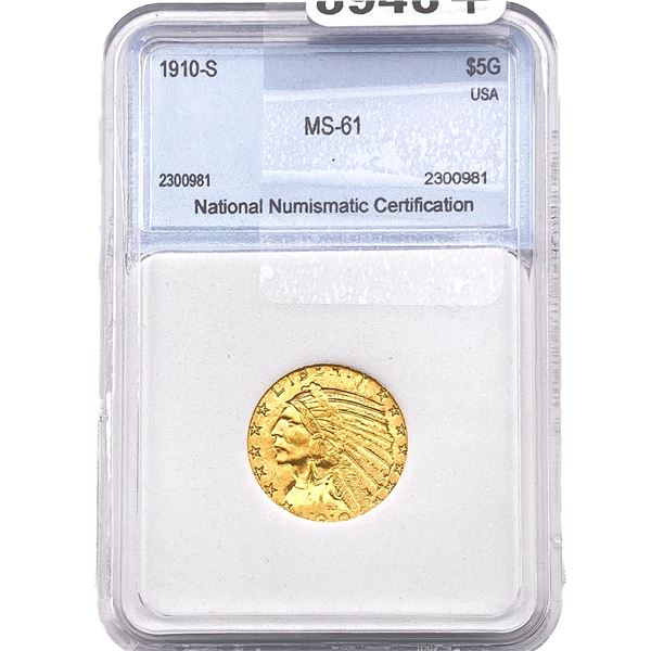 1910-S $5 Gold Half Eagle NNC MS61