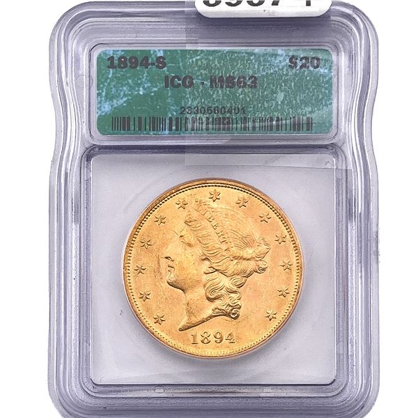 1894-S $20 Gold Double Eagle ICG MS63