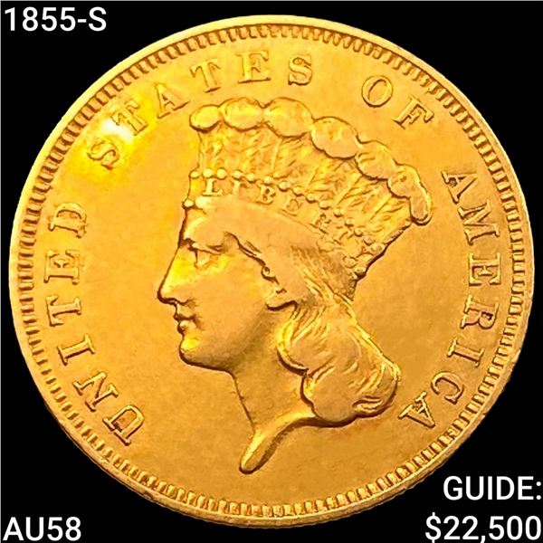 1855-S $3 Gold Piece CHOICE AU