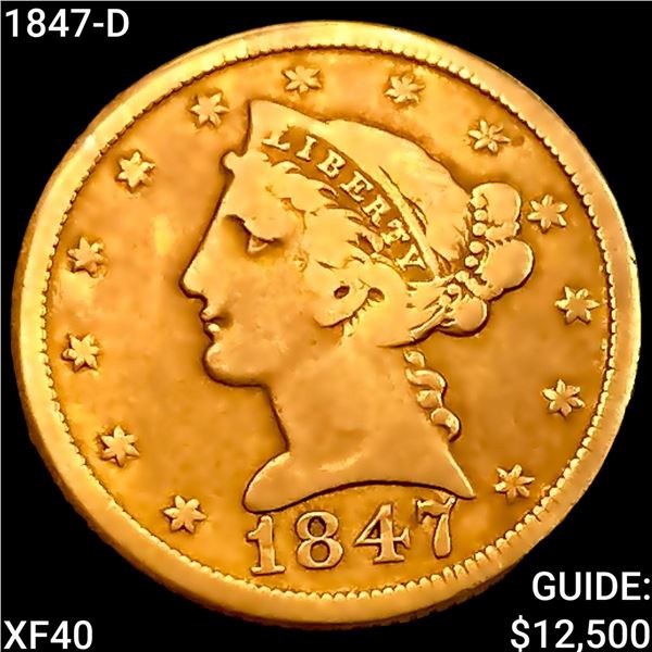 1847-D $5 Gold Half Eagle NEARLY UNCIRCULATED