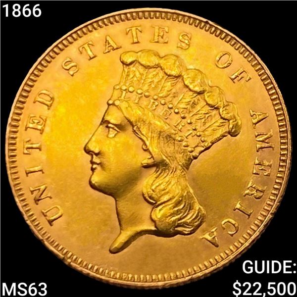 1866 $3 Gold Piece CHOICE BU