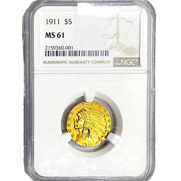 1911 $5 Gold Half Eagle NGC MS61