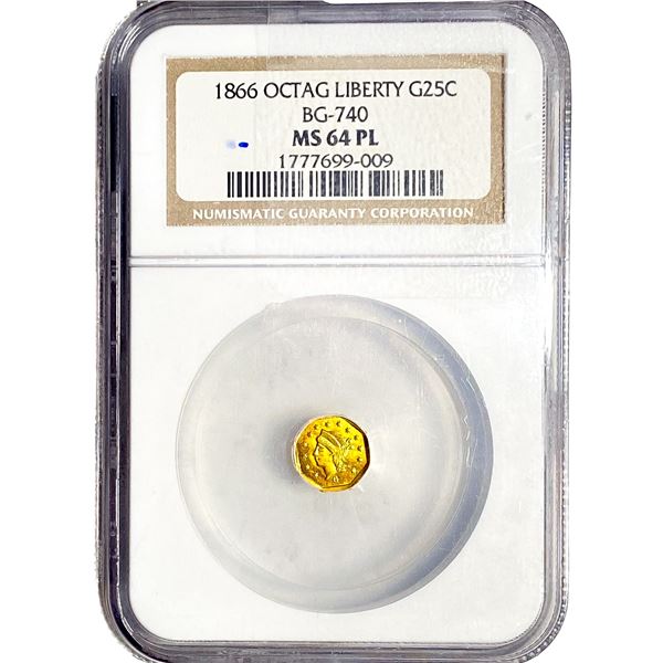 1886 Octagonal California Gold Quarter NGC MS64 PL BG-740