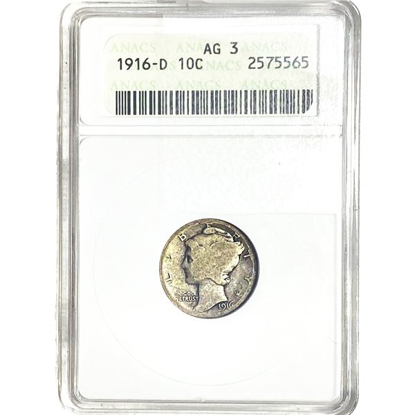 1916-D Mercury Silver Dime ANACS AG3